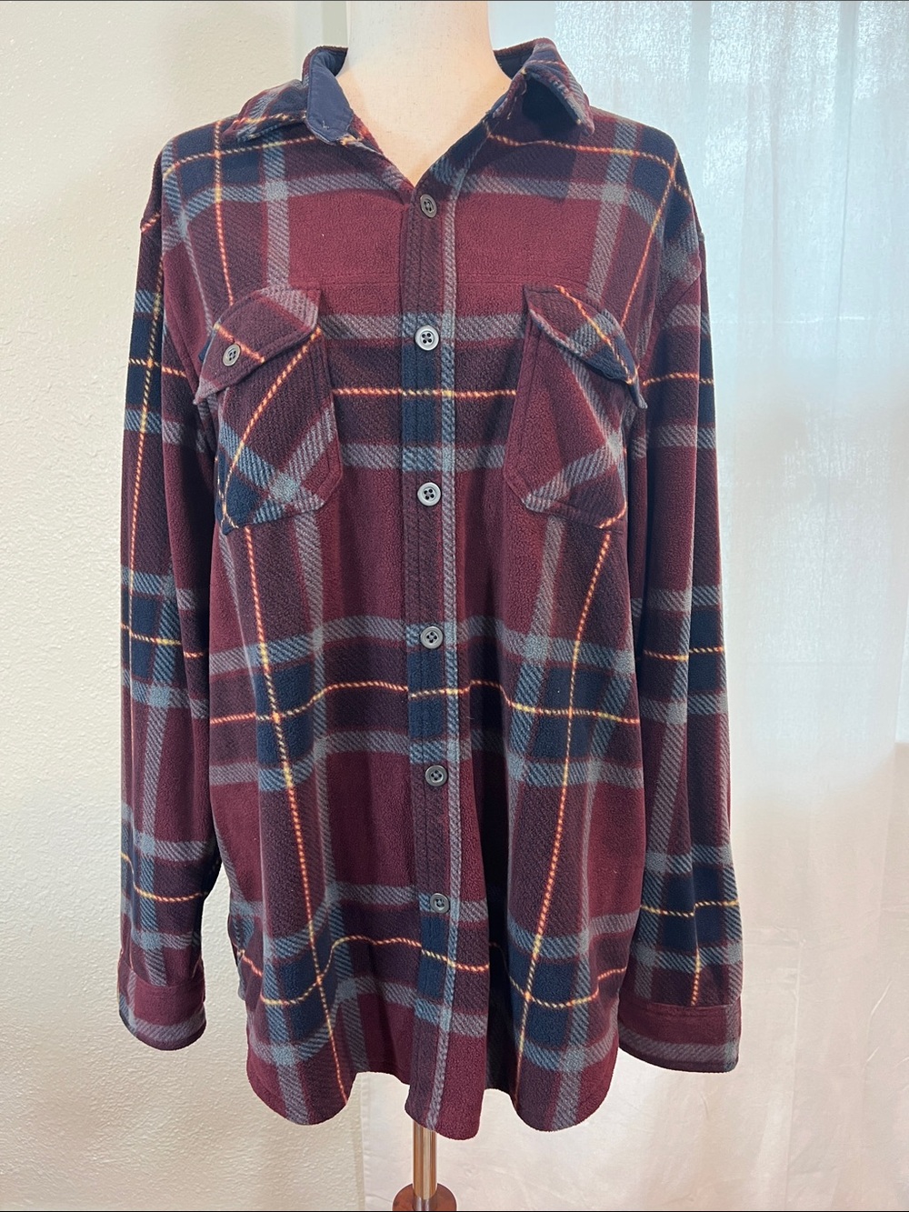 Freedom Foundry Burgundy Plaid Button-Down Fleece Shirt. Size L